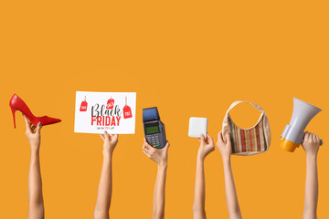 Sticker - Hands with payment terminal, megaphone and accessories on yellow background. Black Friday sale