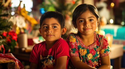 Sticker - mexican siblings in a living room at christmas time  