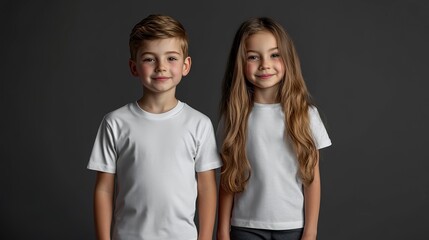 Sticker - Male and female child, boy and girl, siblings wearing bella canvas white shirt mockup, at dark gray background. Design t-shirt template, print presentation mock-up. 