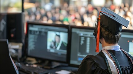 Wall Mural - IT technician ensuring the live stream of the graduation is flawless, allowing distant relatives to partake in the festivities 