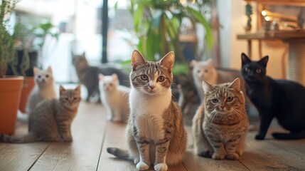 Sticker - Furry family members allowed in cafe. Pet-friendly hotel for cat lovers. Group of cats socialising  