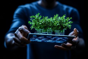 person using a holographic display to shop for groceries online, symbolizing the future of shopping 