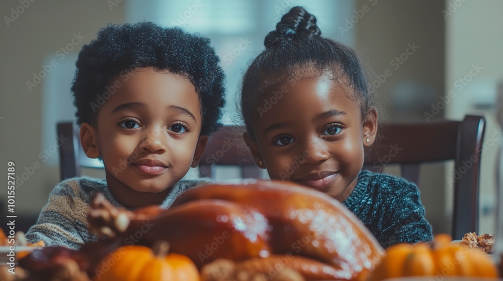 ภาพประกอบ Stock Cute black siblings at a Thanksgiving table. Two young ...