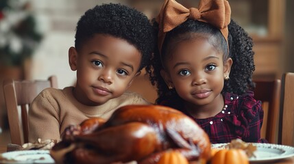 Sticker - Cute black siblings at a Thanksgiving table. Two young african american children, a boy and a girl, sitting together at a Thanksgiving table with a roasted turkey in front of them 