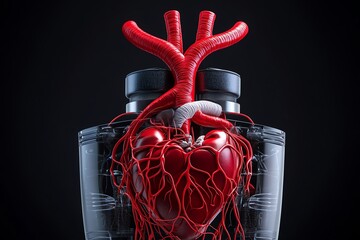 Poster - 3D-rendered view of the human circulatory system, with highly detailed arteries, veins, and heart in a rotating digital model