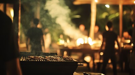 Poster - Blurred images , A group of colleagues held a barbecue party. (BBQ) inside the villa after work to celebrate success. Barbecue (BBQ) Allows family members and friends to have activities together. 