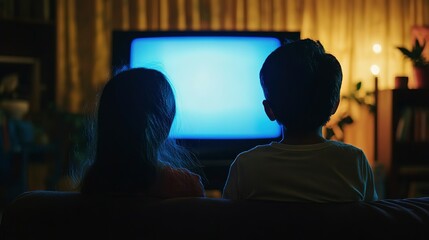 Sticker - Back view teenage Indian girl and boy in front of television screen. Children siblings home cinema time 