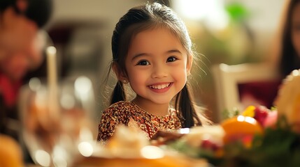 Sticker - A young girl smiles brightly as she enjoys a Thanksgiving Day treat with her family  