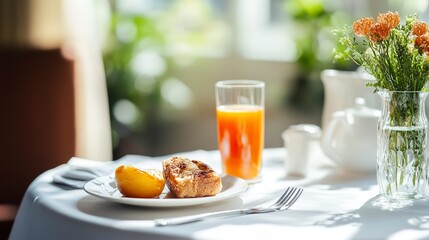 Poster - A mother's day breakfast setup with a single plate and glass of juice on a white table.  