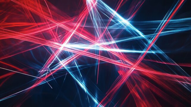 Glowing lines in red and blue crossing each other, forming an abstract light pattern with a sense of motion.