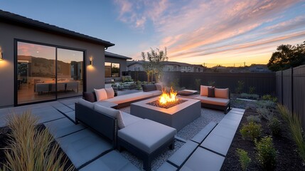 Poster - A modern gray terrace surrounds a backyard fire pit at sunset, allowing relaxation and communication  