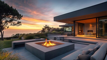 Wall Mural - A modern gray terrace surrounds a backyard fire pit at sunset, allowing relaxation and communication  