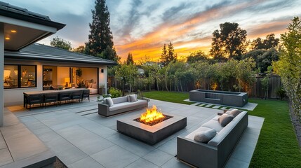 Poster - A modern gray terrace surrounds a backyard fire pit at sunset, allowing relaxation and communication 