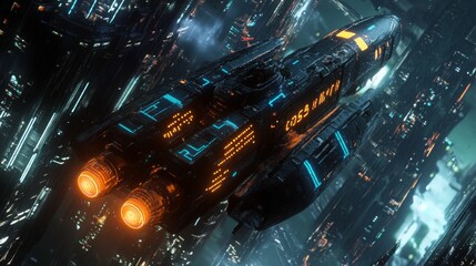 Fototapete - A dark, sleek spaceship with glowing blue and orange lights flies through a futuristic city. The city is made up of tall, thin buildings that are lit up with neon lights