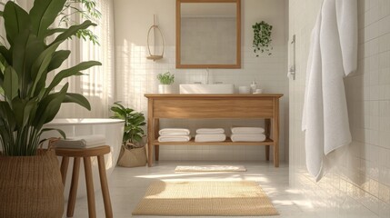 Poster - Natural light fills the bathroom, highlighting wooden furniture and soft towels. Green plants add a touch of nature, creating a calming atmosphere ideal for relaxation and refreshment.