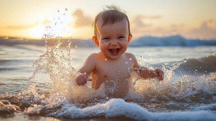 Wall Mural - baby boy is playing on the sand at the beach 