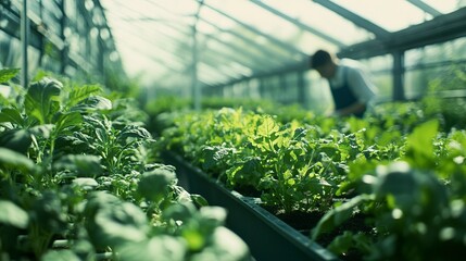 Wall Mural - A greenhouse filled with a variety of organic herbs and vegetables, with the farmer inside, meticulously caring for each plant. The controlled environment allows for year-round cultivation 