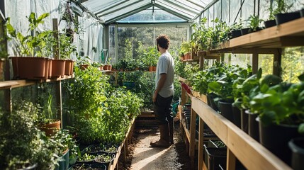 Canvas Print - A greenhouse filled with a variety of organic herbs and vegetables, with the farmer inside, meticulously caring for each plant. The controlled environment allows for year-round cultivation  