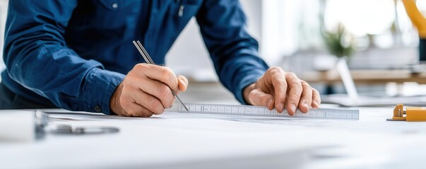 Close-up of a worker s hand using a ruler to measure product dimensions, manual measurement, hands-on quality control