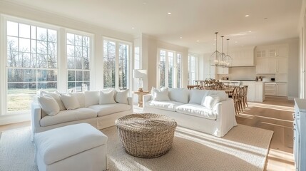 Poster - A bright, modern living room boasts white furniture, large windows allowing natural light, a cozy carpet, and an elegant dining area, creating an inviting and airy space. 