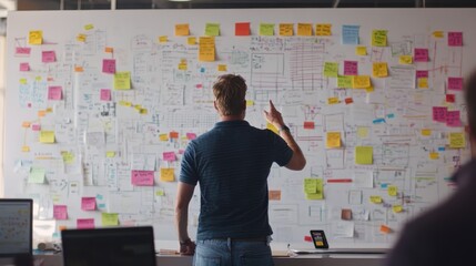 Poster - In a contemporary office setting, a person gestures at a whiteboard covered in sticky notes and flowcharts, embodying teamwork and strategic planning
