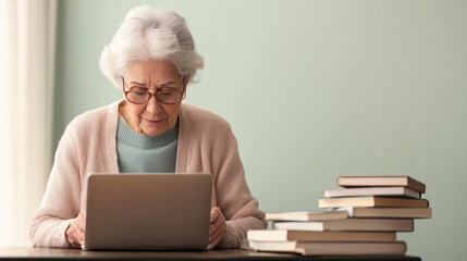 senior older retired woman grandmom  working on laptop working on her book writing 