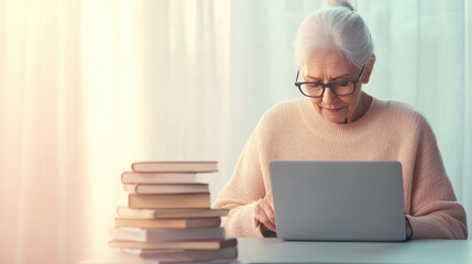 senior older retired woman grandmom  working on laptop working on her book writing 