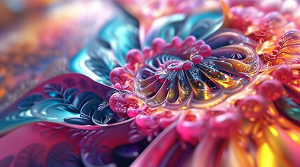 Aufkleber - An explosion of vibrant colors forming a complex floral-inspired abstract pattern. The intricate textures and flowing shapes create a visually dynamic and captivating composition.