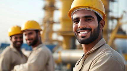 the petroleum, natural gas line  company workers are standing in front of the site 