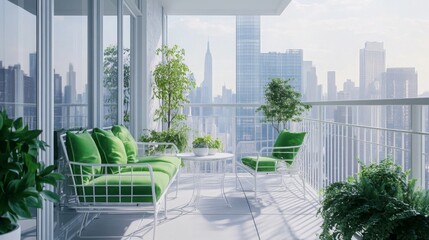 Poster - A modern, white balcony with a white railing overlooks a hazy cityscape. Two green cushioned white metal chairs and a matching couch are arranged around a small white table