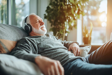 Wall Mural - older retired senior man is  listening to music on headphones in his music audio room 