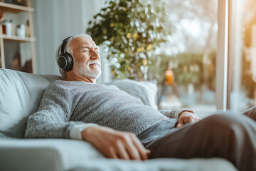 Wall Mural - older retired senior man is  listening to music on headphones in his music audio room 