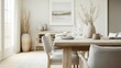 © Prostock-studio - A spacious modern dining area features a wooden table set with neutral tableware