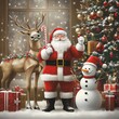 © Palm - Festive Christmas scene with Santa Claus, reindeer, snowman, and decorated tree, surrounded by gifts in a winter wonderland.