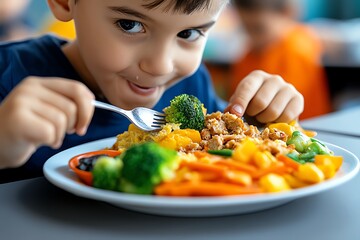 children eating simple meals at a rural school, with small portions and basic food, representing foo