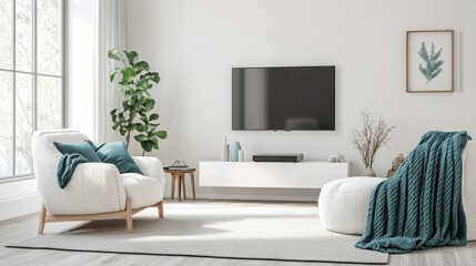 Poster - A serene living area features comfortable white chairs and a soft, textured rug, surrounded by greenery. A sleek television hangs on the wall, complementing the minimalist decor and bright ambiance.