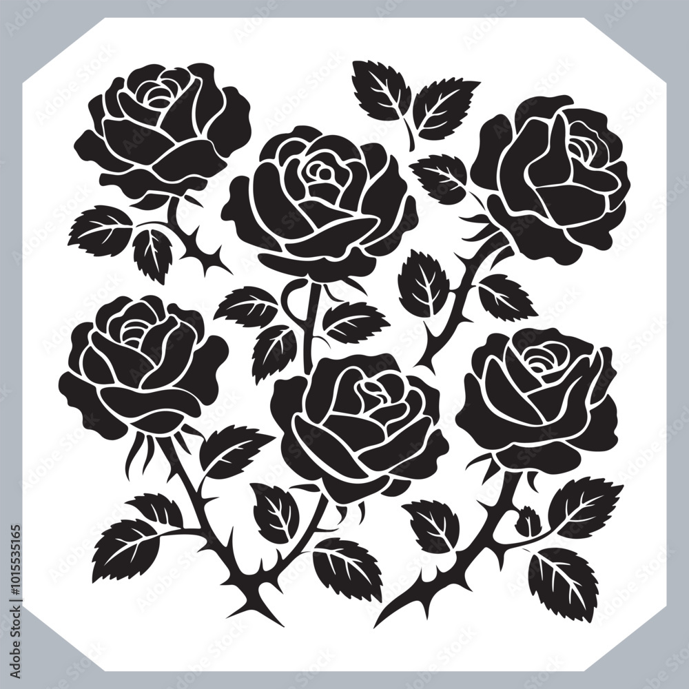 Roses set silhouette vector illustration, black and white bold line ...