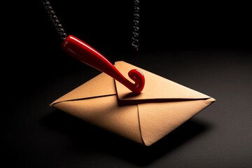 Poster - Clean design showing an email envelope being hooked, representing phishing, with minimalist shadows and a bright red hook