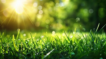 Sunlit morning dew on fresh green grass with a soft bokeh background