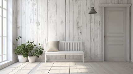 Aufkleber - Natural light floods a minimalist room featuring white wooden walls and a simple bench. Potted plants enhance the serene atmosphere, creating a calm and inviting space perfect for relaxation.