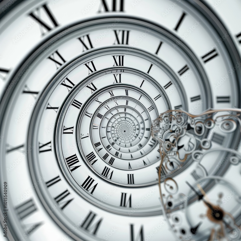Infinity of time: spiraling clock faces with roman numerals in a ...