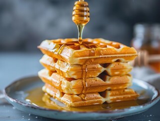 Stack of golden Viennese waffles topped with honey on blue plate, delicious breakfast treat concept