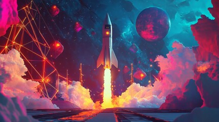 Aufkleber - A rocket ascends into the vibrant cosmos, surrounded by colorful clouds, planets, and abstract shapes. The powerful launch emits bright flames, creating an awe-inspiring spectacle in the night sky.