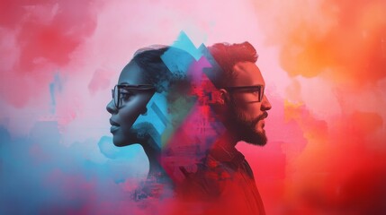 Poster - A couple's faces are creatively cut into geometric shapes, set against a dynamic abstract background filled with vivid colors and patterns, capturing a modern artistic essence