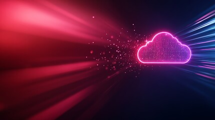 Poster - A neon cloud icon shines brightly with red and blue lines in a dark, gradient background. Digital particles and binary codes enhance the futuristic theme, ideal for technology themes