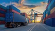 © Jirapron - Truck loading containers at a busy shipping port during sunset.
