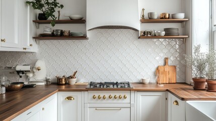 Poster - A cozy kitchen showcases white cabinetry, wooden countertops, and open shelving adorned with ceramic dishware and plants