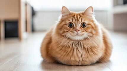 Poster - Fluffy ginger cat resting on a wooden floor
