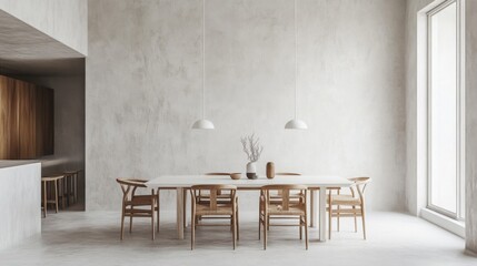 Aufkleber - A spacious dining area features a large table surrounded by wooden chairs under elegant pendant lights. Large windows allow natural light to illuminate the simple and calming decor.