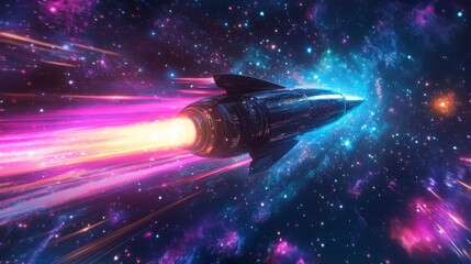 Poster - A sleek, black spaceship with bright orange flames and glowing trails flies through a star-filled night sky. In the distance, colorful nebulae swirl, and a distant orange star shines.